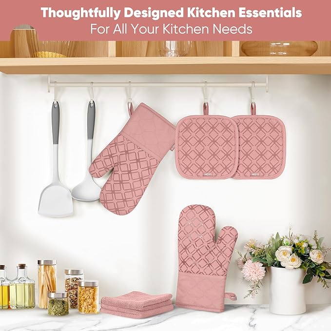 Oven Mitts and Pot Holders Set with Dishcloths, 500 Degree Heat Resistant Oven Gloves and Hot Pads, Premium Soft Cotton Kitchen Mittens and Dish Cloth Sets-Pink - Image 7