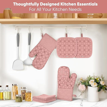 Oven Mitts and Pot Holders Set with Dishcloths, 500 Degree Heat Resistant Oven Gloves and Hot Pads, Premium Soft Cotton Kitchen Mittens and Dish Cloth Sets-Pink - Image 7