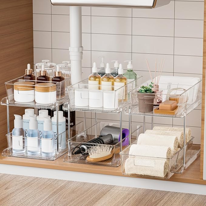 Fabspace 3-Pack Pull-Out Home Organizers, 2 Tier Clear Bathroom Organizer with Dividers, Multipurpose Vanity Counter Tray, Kitchen, Closet Organizers and Storage Container Bins for Cabinet, Pantry by Fabspace