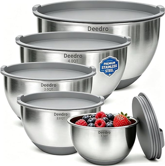 Deedro Premium Mixing Bowls with Airtight Lids Set, 22Pcs Thicker Stainless Steel Mixing Bowl Set, Large Prep Metal Bowls, Non-Slip Silicone Base Nesting Bowls for Kitchen, 1.5/2/3/4/5 QT, Gray by Deedro