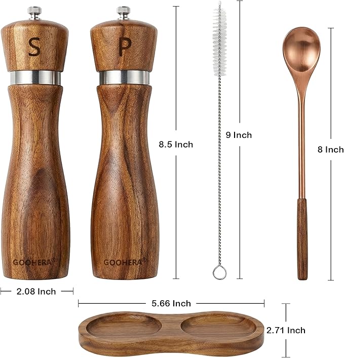 Premium Acacia Wood Salt & Pepper Grinder Set, 8-Inch Manual Mills with Adjustable Coarseness, Ceramic Core, Matching Tray, Spoon & Cleaning Brush – 2 Pack - Image 3