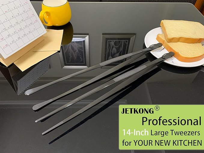 JETKONG 2 Pcs 14-Inch Food Tweezer Tongs Extra Long Stainless Steel Kitchen Tweezer Cooking Tweezers (Black) - Image 4