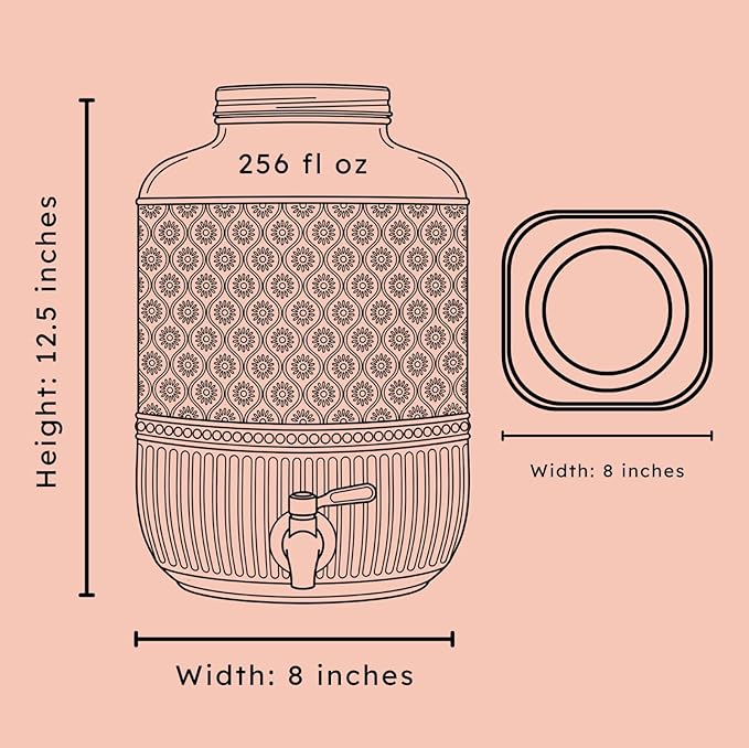 Godinger Drink Dispenser 2 Gallon, Large Glass Water Dispenser - (256oz) Blush