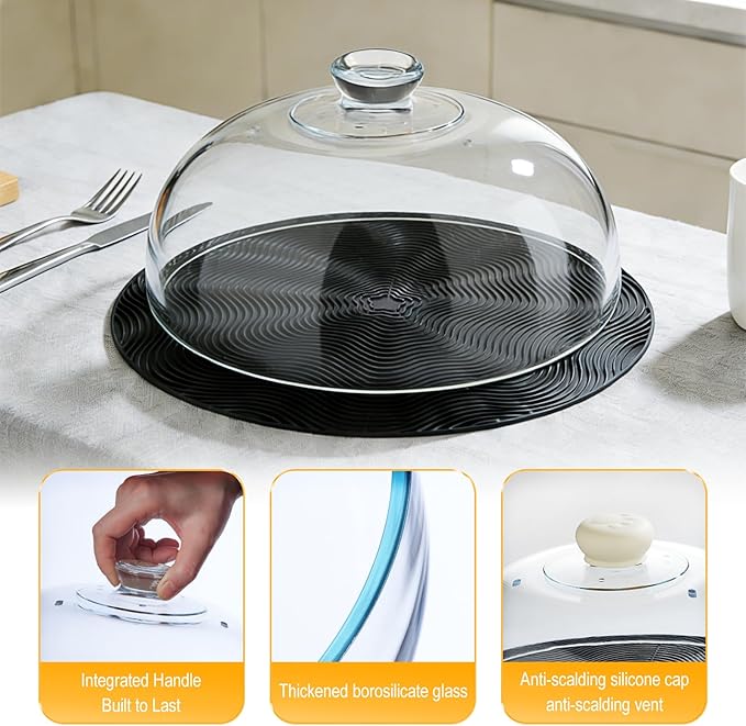 Glass Microwave Splatter Cover with Silicone Mat, 10Inch Plate Splatter Food Lid with Integrated Grip Handle and Vent Hole, BPA Free, Dishwasher Safe