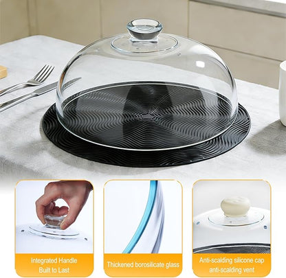 Glass Microwave Splatter Cover with Silicone Mat, 10Inch Plate Splatter Food Lid with Integrated Grip Handle and Vent Hole, BPA Free, Dishwasher Safe