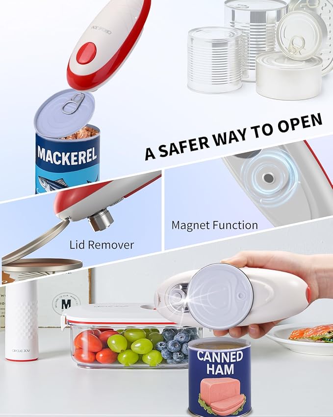 CIRCLE JOY Electric Can Opener, One-Touch Automatic Can Opening with Smooth Edges, Food Safety Handheld Battery-Operated Can Opener for Kitchen and Seniors, Red - Image 4