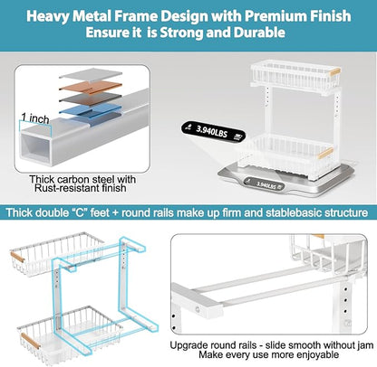 Liuoud Under Sink Organizer 2 Pack, 2 Tier Slide Out Large Capacity Height Adjustable Under Sink Organizers and Storage for Kitchen Bathroom Cabinet, White