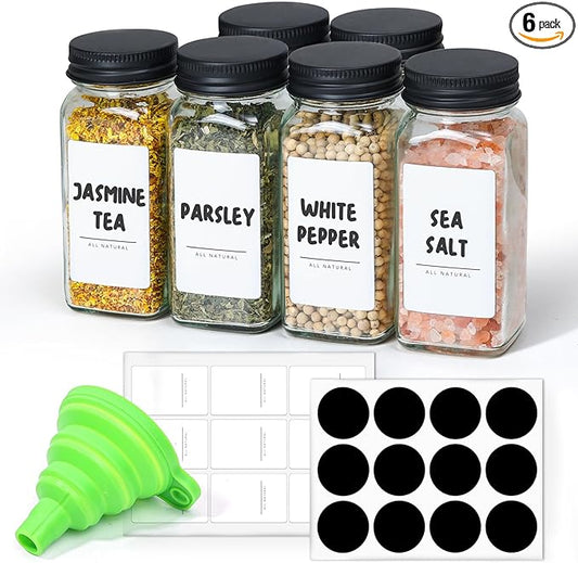 ComSaf 6Pcs 4oz Glass Spice Jars with Shaker Lids, 21 Labels, Spice Jars Trial Set & Supplement Set, Empty Spice Containers and Square Spice Bottles for Kitchen and Seasoning by ComSaf
