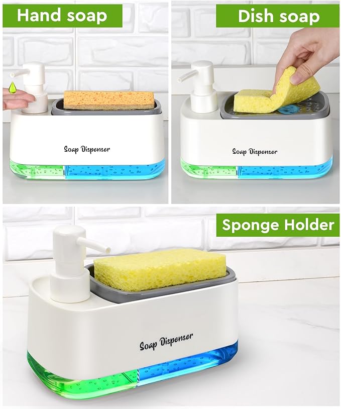 5-in-1 Kitchen Soap Dispenser Set with Sponge Holder - Dual Hand & Dish Soap Pump Dispenser for Sink Countertop with 2-Packs Natural Loofah Dish Sponge Dishwashing Scrubber,White - Image 3