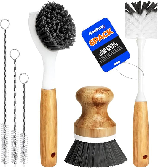 Holikme 6 Pack Dish Brush Scouring Pad Set with Bottle Brush, Dish Brush, Palm Scrub Brush and Straw Brush, Dish Scrubber Long Handle for Dish Bottle Cup Skillet Wok Pot Pan Cast Iron, Dark Gray by Holikme