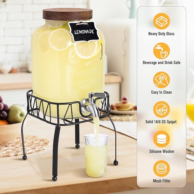 Mustry Glass Drink Dispenser for Parties, 1 Gallon Beverage Dispenser with Stand and Spigot Solid Stainless Steel, Used as Lemonade Dispenser Sun Tea Jar Kombucha Jar - Image 3