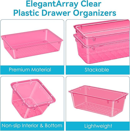 ElegantArray 12 PCS Drawer Organizer Set, 4 Sizes Tool Storage Trays, Clear Plastic Makeup Vanity Organizer and Storage Bins for Stationeries, Multiple Gadgets for Office, Bedroom, Pink - Image 5