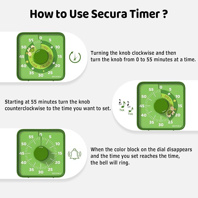 Secura 7.5-Inch Animal Pattern Visual Timer for Kids, 60-Minute Countdown Timer for Classroom or Kitchen, Durable Mechanical Timer Clock with Magnetic Backing (Green) - Image 3