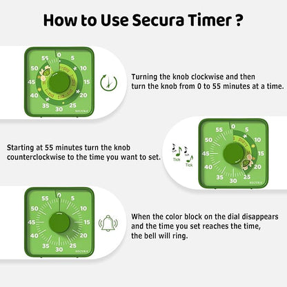 Secura 7.5-Inch Animal Pattern Visual Timer for Kids, 60-Minute Countdown Timer for Classroom or Kitchen, Durable Mechanical Timer Clock with Magnetic Backing (Green) - Image 3