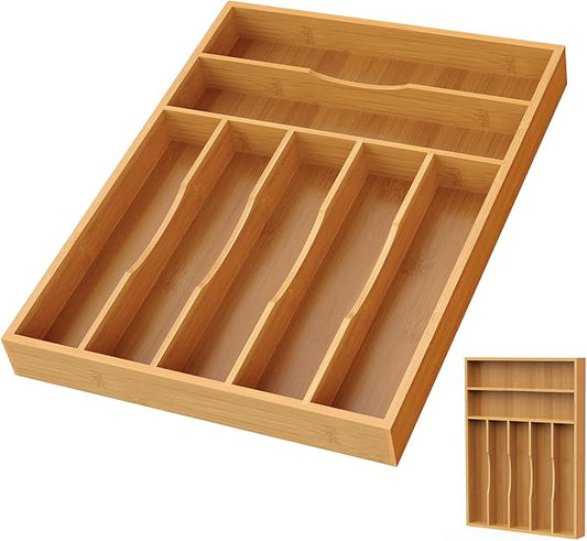 Bamboo Silverware Organizer, Bamboo Kitchen Drawer Cutlery Organizer, Utensil Holder, Flatware Organizer Tray (15.8"x11.7"x1.6")