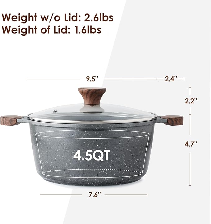 SENSARTE Nonstick Stock Pot with Lid, 4.5 Quart Induction Cooking Pot with Tempered Glass Lid, Stew Pot with Swiss Nonstick Granite Coating, PFOA PFOS APEO Free, Gray - Image 2