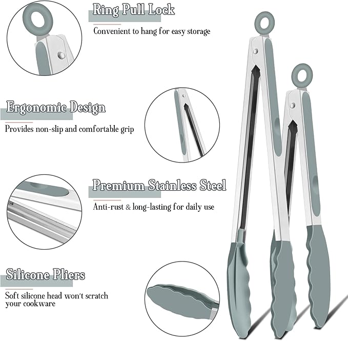 TeamFar Kitchen Tongs, 9" and 12" Stainless Steel Cooking Tongs with Silicone Tips for Cooking Grilling Serving & BBQ, Heat Resistant Silicone Tongs, Locking Design & Dishwasher Safe, Set of 2 & Grey - Image 3