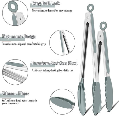 TeamFar Kitchen Tongs, 9" and 12" Stainless Steel Cooking Tongs with Silicone Tips for Cooking Grilling Serving & BBQ, Heat Resistant Silicone Tongs, Locking Design & Dishwasher Safe, Set of 2 & Grey - Image 3