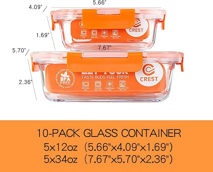C CREST [10-Pack] Glass Food Storage Containers - Food Prep Containers with Lids - Microwave, Oven, Freezer and Dishwasher Safe - Image 2