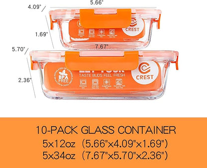 C CREST [10-Pack] Glass Food Storage Containers - Food Prep Containers with Lids - Microwave, Oven, Freezer and Dishwasher Safe - Image 2
