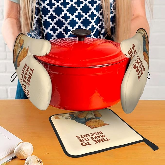 Cute Cat Oven Mitts and Pot Holder Set, Funny Heat Resistant Kitchen Gloves Hot Pad, Cooking Baking Lovers Spring Easter Gifts for Women, Whimsical Kitchen Decor & Gifts for Chef Cooks Cat Lovers Mom - Image 3