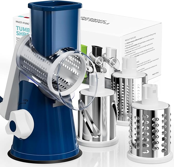 Cheese Grater Hand Crank, Rotary Cheese Shredder with 3 Interchangeable Blades for Coarse, Fine Shredding and Slicing, Strong Suction Base for Pizza, Pasta, Salad, Vegetables, Nuts, Chocolate by Nexsujo