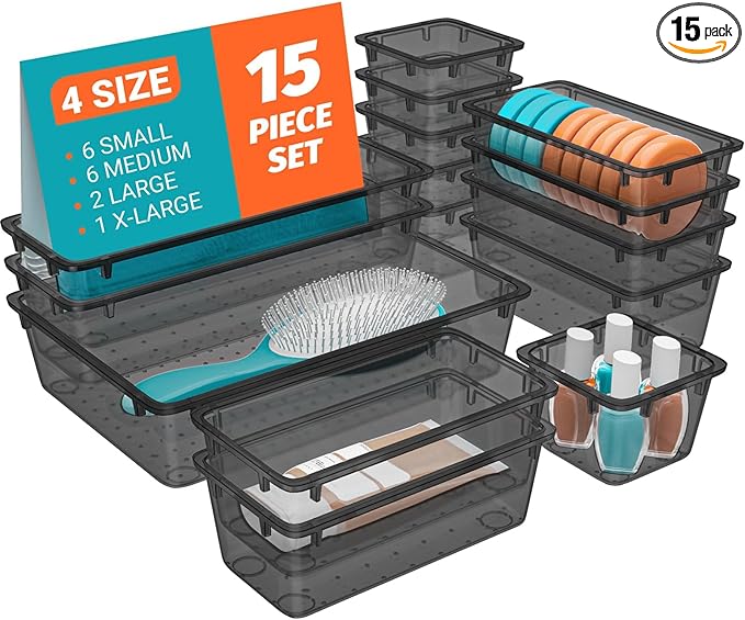 SpaceHacks 15 PCS Clear Plastic Drawer Organizer Set, 4-Size Acrylic Drawer Storage Trays, Storage Bins for Makeup, Gadgets, and Jewelry in Bathroom, Bedroom and Office, Clear Black by SpaceHacks