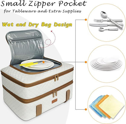 Quilted Insulated Double Casserole Carrier - Thermal Lunch Tote for Potluck Parties, Picnic, Beach, Fits 9 x 18 Inches Baking Dish, Casserole Dish, Expandable (Beige)