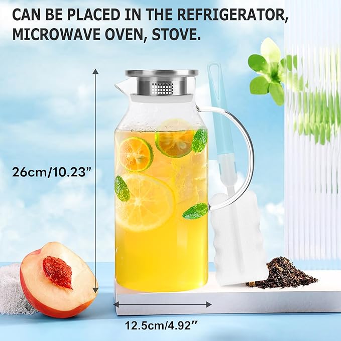 Yirilan Glass Pitcher, 90 oz/2.6 Liter Water Pitcher with Lid, Large Juice Pitchers for Drinks, Glass Water Carafe,Glass Tea Jug,Beverage Pitcher Transparent - Image 2
