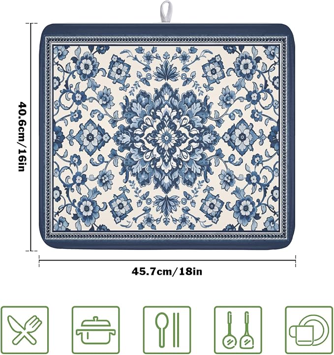 Blue Floral Dish Drying Mat for Kitchen Counter Vintage Flower Pattern Microfiber Dish Drainer Mat Rustic Farmhouse Absorbent Washable Drying Pad Extra Large 16"x18"