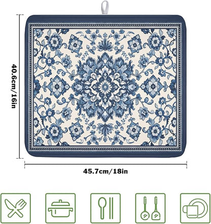 Blue Floral Dish Drying Mat for Kitchen Counter Vintage Flower Pattern Microfiber Dish Drainer Mat Rustic Farmhouse Absorbent Washable Drying Pad Extra Large 16"x18"