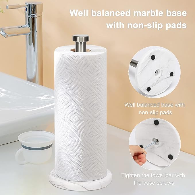 NearMoon Standing Paper Towel Holder, Kitchen Paper Towel Tissue Holder- for Bathroom Kitchen Countertop, Standard or Jumbo-Sized Roll Paper (with Marble Base, Brushed Nickel) - Image 6