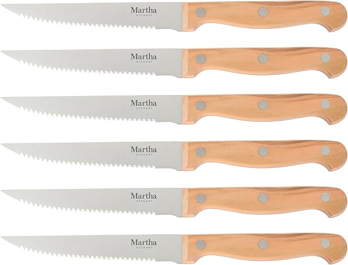 Martha Stewart Austenwood 15-Piece Knife Block Set, German Stainless Steel Kitchen Knives with Forged Italian Olive Wood Handle