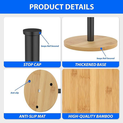 Wooden Paper Towel Holder Countertop, Black,Non-Slip Base, Stainless Steel, FreeStanding, Easy Install, Durable, Ideal for Home,RV,Bathroom,Farmhouse Essentials Decor Accessories