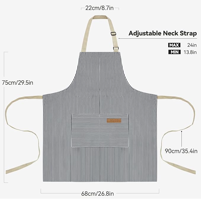 NLUS 2 Pcs Kitchen Cooking Aprons, Poly/Cotton Blend Adjustable Soft Bib Stripe Aprons with 2 Pockets for Women Men Chef (Blue Pinstripes/Black Pinstripes) - Image 5