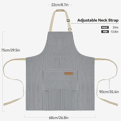 NLUS 2 Pcs Kitchen Cooking Aprons, Poly/Cotton Blend Adjustable Soft Bib Stripe Aprons with 2 Pockets for Women Men Chef (Blue Pinstripes/Black Pinstripes) - Image 5