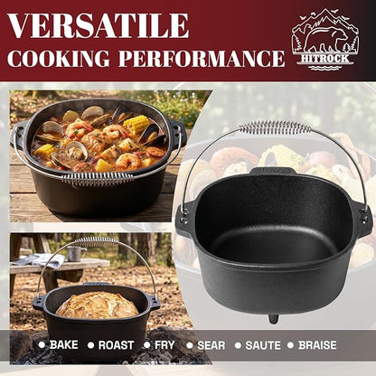 HITROCK Cast Iron Camp Dutch Oven with Legs 7QT, Pre-Seasoned Camping Dutch Oven with Lid, Outdoor Pot with Lid Lifter, Storage Bag & Handle for Camping, Baking, Grilling, Rounded-square Shape