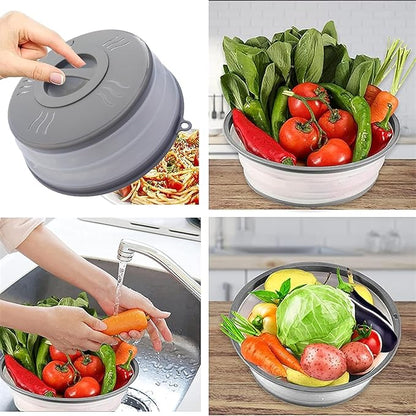 Microwave Splatter Cover Vented for Food, Microwave Plate Cover Splatter Guard & Colander, Fruit Vegetables Drainer with Hook Hole, Dishwasher-Safe,BPA-Free Silicone & Plastic (Grey)