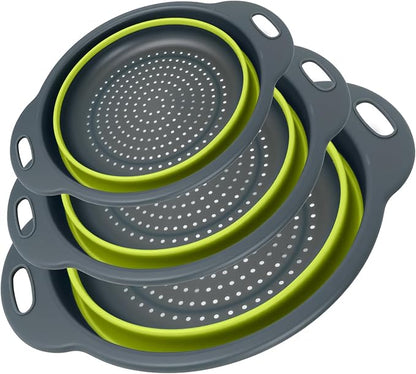 Collapsible Colander 3-Pack Set Space-Saving Foldable Kitchen Strainer with Non-Slip Base Durable Thickened PP+TPE Collapsible Strainers for Pasta, Vegetables, Fruits (Gray-Green) by CLUREN