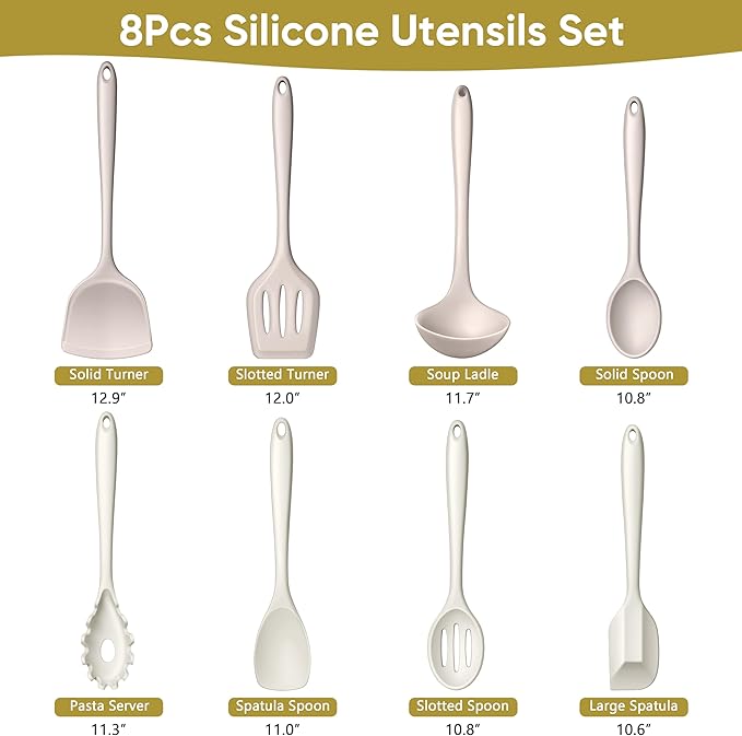 LIANYU 8Pcs Kitchen Utensils Set, Silicone Cooking Utensils Spatula Set for Nonstick Cookware, Include Silicone Spatula, Ladle, Turner, Spoon, Heat Resistant, Dishwasher Safe, Khaki White - Image 2