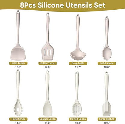 LIANYU 8Pcs Kitchen Utensils Set, Silicone Cooking Utensils Spatula Set for Nonstick Cookware, Include Silicone Spatula, Ladle, Turner, Spoon, Heat Resistant, Dishwasher Safe, Khaki White - Image 2