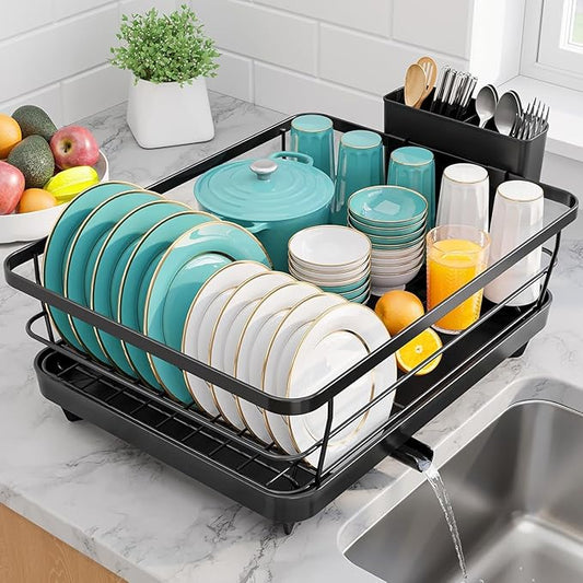 Sakugi Stainless Steel Dish Drying Rack for Kitchen Counter, Sink Organization and Storage Essentials with Silverware & Utensil Holder, Home and Apartment Decor, 12''W x 15.5''L, Black by Sakugi