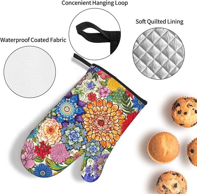 Boho Floral Oven Mitts and Pot Holders Sets of 3, Colorful Flowers Heat Resistant Kitchen Gloves Hot Pads, Chef Baking Gifts for Baker Women Mom Wife, Spring Easter Kitchen Gifts for Cooking Lover - Image 6