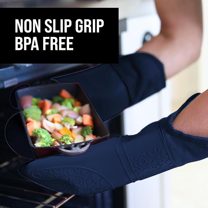 BPA-Free Soft Silicone Oven Mitts - Ultra Heat Resistant Oven Mitts with Thick Cotton Liner - Extra Long Slip Resistant Pot Holders, Flexible Oven Gloves - Navy 14.7" - Image 5