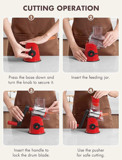 GDL Rotary Cheese Grater Hand Crank with 5 Interchangeable Blades - Upgraded Cheese Shredder Featuring Strong Suction Base for Cheese Shredding, Wavy Slicing, Nut Grinding, Ice Shaving