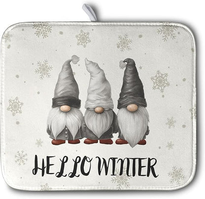 Winter Gnome Dish Drying Mat for Kitchen Counter 16x18 Christmas Snowflakes Santa Kitchen Drying Mat Hello Winter Dish Drainer Mat Super Absorbent Dish Rack Mat for Coffee Bar Countertop by Kwlegh