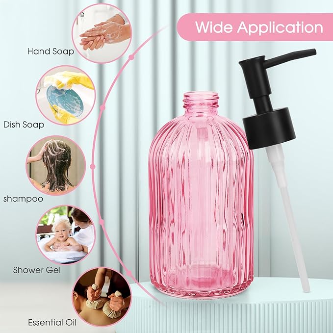 Topsky Stripe Glass Soap Dispenser with Black Plastic Pump, 400ml Liquid Hand Soap Dispenser, Rustproof Pump for Kitchen & Bathroom, Great for Lotions, Essential Oil, Liquid Soaps-Pink - Image 7