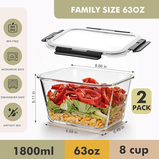 Liuruiyu 2 Pack Large Glass Food Storage Containers with Lids, 63oz Big Meal Prep Containers, Airtight Bento Boxes with Leak Proof Locking for Microwave, Oven, Freezer and Dishwasher, BPA Free - Image 2