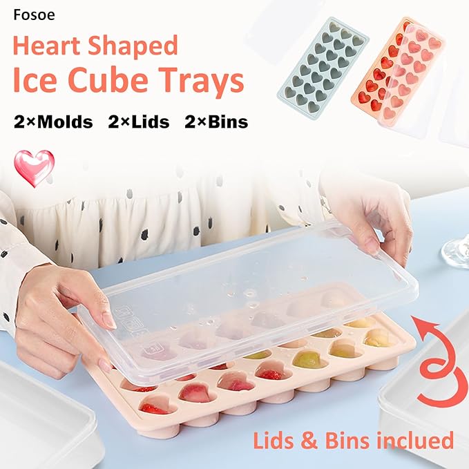 2 Pack Heart Shpaed Ice Cube Trays with Lids, 42 Holes Silicone Heart Ice Cube Molds for Whiskey, Cocktail, Fun Shapes Ice Cubes, Chocolate, Candle, Candy, Jelly, Jello - with Lids Bins - Image 4