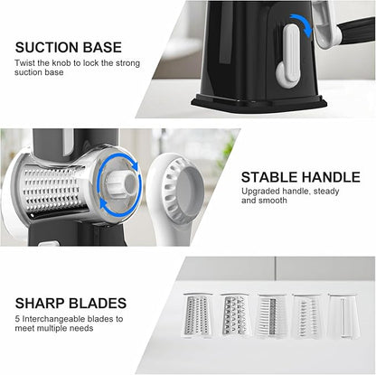 Ourokhome Rotary Cheese Grater Cheese Shredder with 5 Interchangeable Blades, Rotary Grater with Non-slip Suction Base Hand Crank Slicer for Vegetable Nuts Black